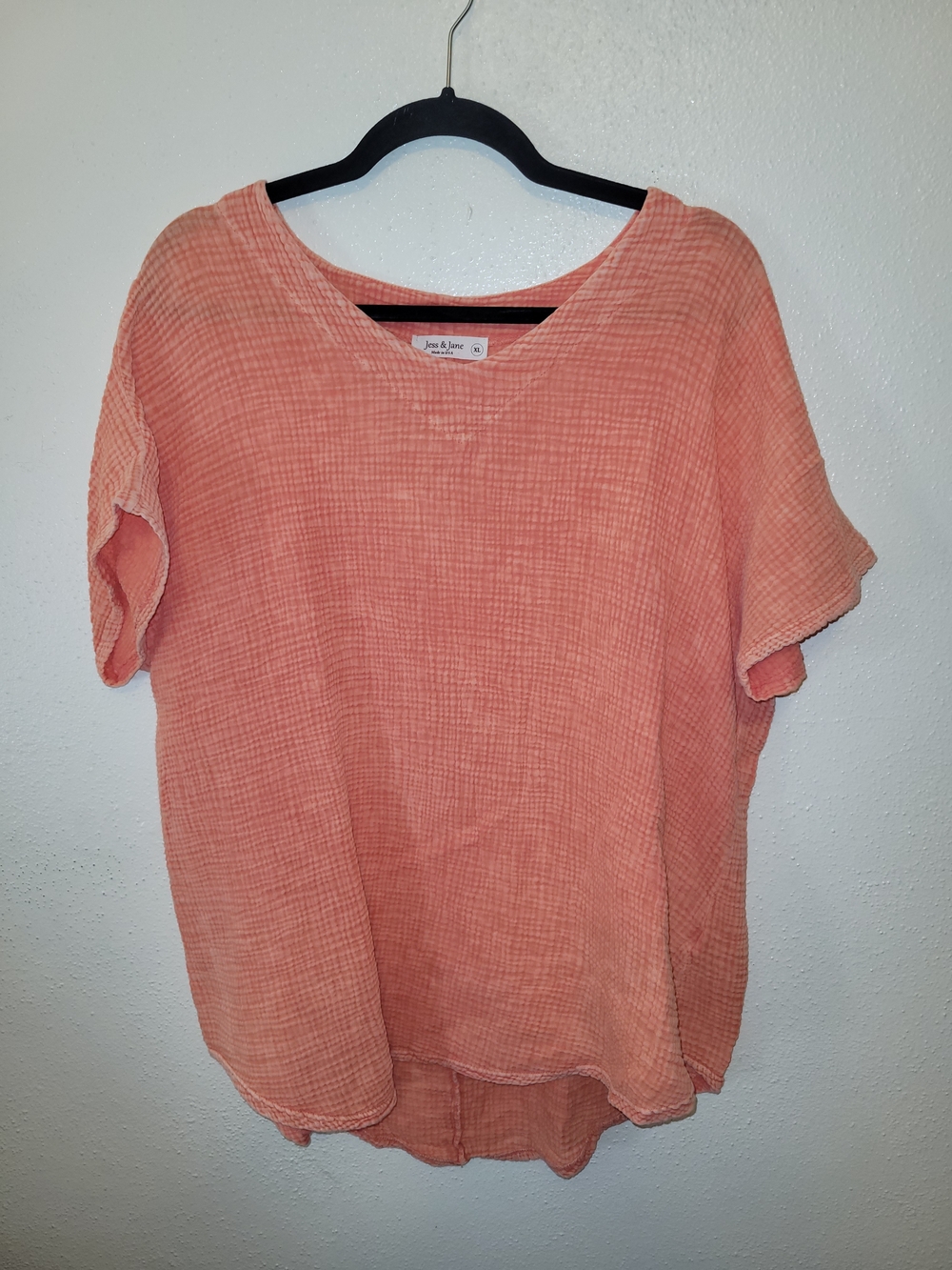 Jess & Jane Coral Crinkle Gauze V-Neck Tunic Top XL Made in USA